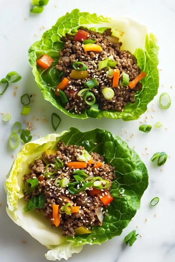 High protein beef lettuce wraps - the image shows two lettuce wraps filled with a mixture of ground beef and vegetables. the lettuce wraps are placed on a white marble countertop with scattered green onions and sesame seeds around them. the ground beef appears to be cooked and has a brown color, while the vegetables are a mix of orange, yellow, and green colors. the dish looks appetizing and ready to eat.