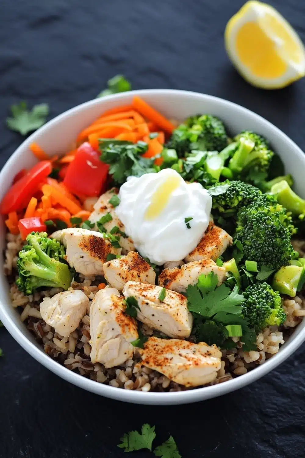 High protein chicken and rice bowl - the image is a close-up of a bowl of food. the bowl is white and is placed on a black countertop. the food in the bowl appears to be a stir-fry dish with rice, chicken, broccoli, carrots, and bell peppers. there is a dollop of sour cream on top of the rice. a lemon wedge is placed next to the bowl, and there are a few sprigs of cilantro scattered around the bowl. the overall color scheme of the dish is warm and inviting.