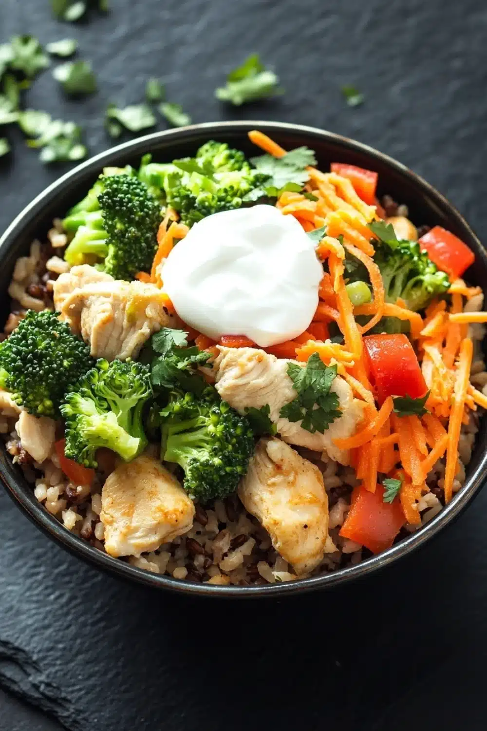 High protein chicken and rice bowl - the image is a close-up of a bowl of food. the bowl is black and is placed on a black slate surface. the food appears to be a stir-fry dish with rice, broccoli, carrots, and chicken. there is a dollop of sour cream on top of the rice. the broccoli is bright green and looks fresh, while the carrots are bright orange. the chicken is cut into small pieces and is scattered throughout the dish. there are also some cilantro leaves scattered around the bowl, adding a pop of green color.