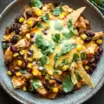 High protein chicken enchilada skillet - the image is a close-up of a bowl of chili. the chili is made with black beans, corn kernels, and shredded chicken. the chicken is cooked to a golden brown color and appears to be seasoned with herbs and spices. there are also a few tortilla chips scattered on top of the chili. a sprig of cilantro is also visible in the background. the bowl is sitting on a wooden table.