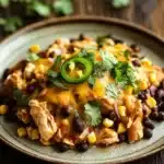High protein chicken enchilada skillet - the image shows a plate of food on a wooden table. the plate is round and has a light brown color. on top of the plate, there is a layer of black beans, corn kernels, and shredded chicken. the chicken is covered in a creamy orange sauce and is garnished with a sprig of cilantro. there is also a slice of jalapeno pepper on top. the background is blurred, but it appears to be a rustic kitchen countertop.