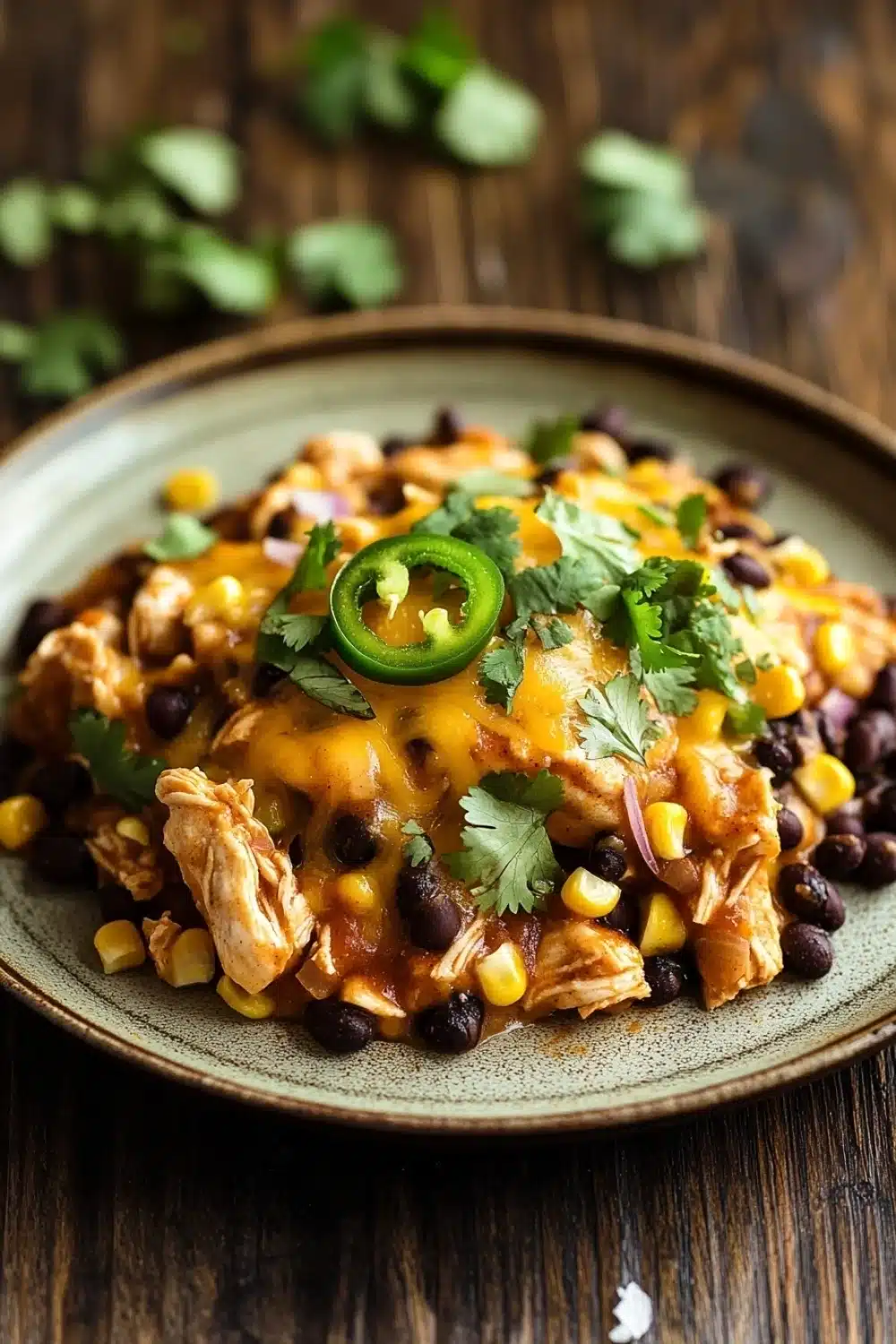 High protein chicken enchilada skillet - the image shows a plate of food on a wooden table. the plate is round and has a light brown color. on top of the plate, there is a layer of black beans, corn kernels, and shredded chicken. the chicken is covered in a creamy orange sauce and is garnished with a sprig of cilantro. there is also a slice of jalapeno pepper on top. the background is blurred, but it appears to be a rustic kitchen countertop.