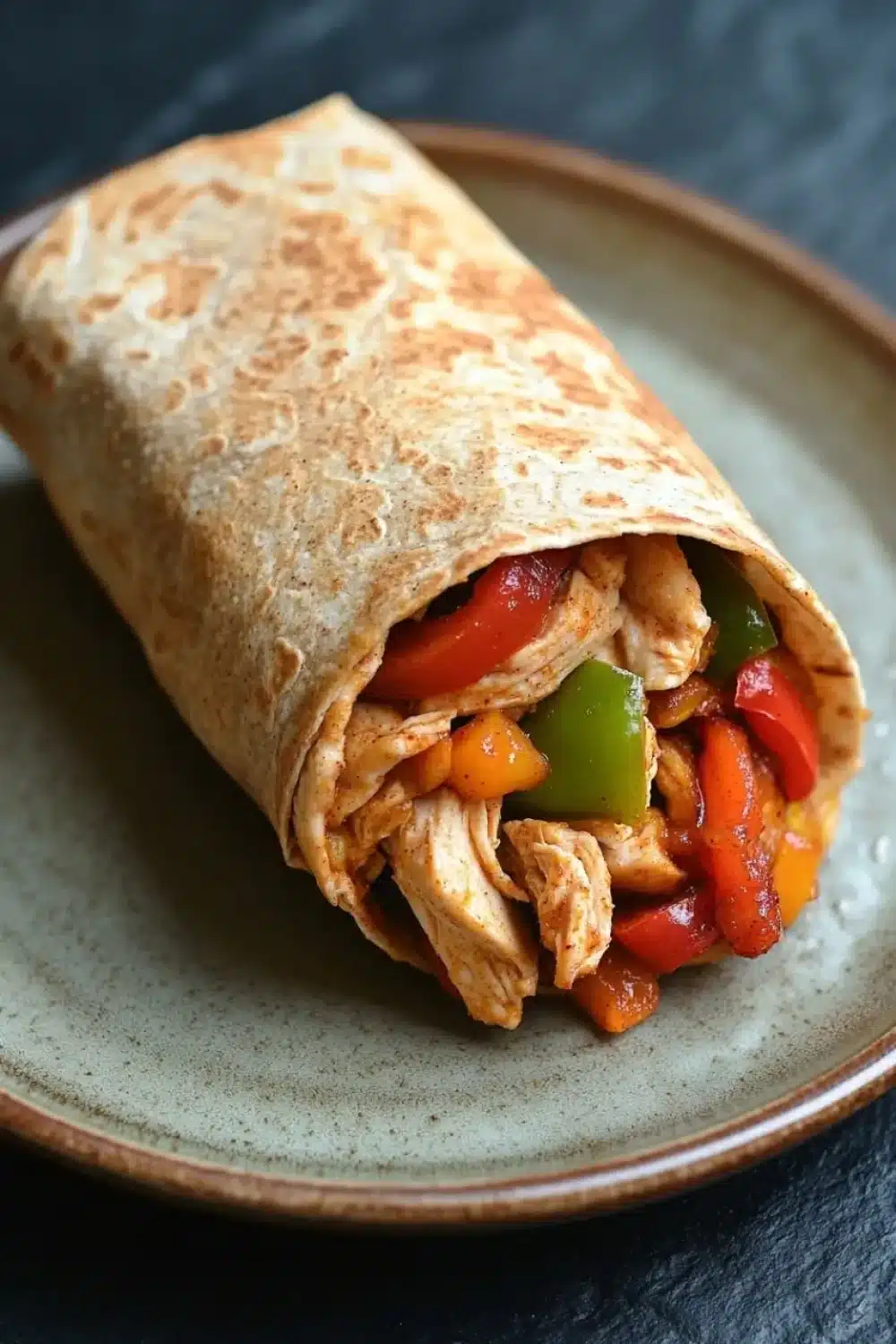 High protein chicken fajita burritos - the image shows a tortilla wrap on a blue plate. the wrap is made of a light-colored tortilla and is filled with shredded chicken, red and green bell peppers, and orange bell peppers. the chicken appears to be cooked and has a golden brown color. the plate is sitting on a dark blue tablecloth.