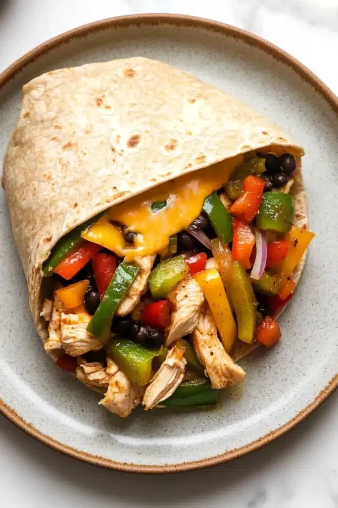 High protein chicken fajita burritos - the image shows a tortilla wrap on a blue plate. the wrap is filled with shredded chicken, diced bell peppers, black beans, and red onions. the chicken is cooked to a golden brown color and appears to be seasoned with herbs and spices. the bell peppers are bright red and yellow, while the black beans are black. the cheese is melted and bubbly on top of the wrap. the plate is sitting on a white marble countertop.