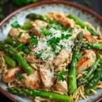 High protein chicken orzo with asparagus - the image is a close-up of a plate of pasta dish. the pasta appears to be fusilli, which is a type of spiral pasta, and is topped with grilled chicken and asparagus. the chicken is cooked to a golden brown color and is garnished with chopped parmesan cheese and fresh herbs. the dish is served on a dark wooden table with a few sprigs of parsley scattered around. the overall color palette of the dish is warm and inviting.