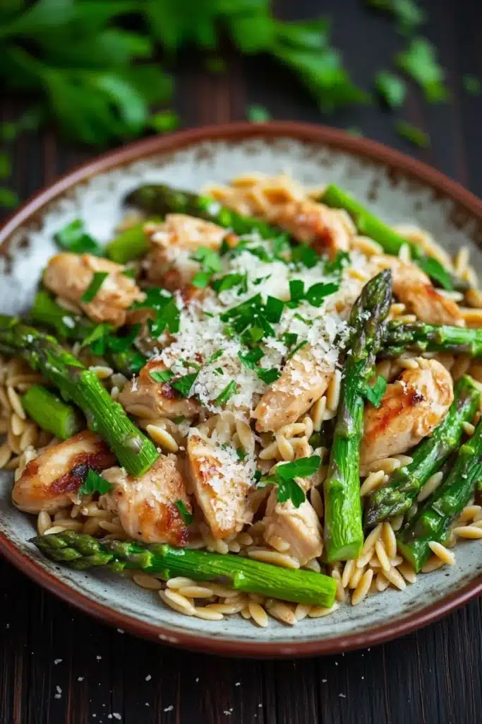 High protein chicken orzo with asparagus - the image is a close-up of a plate of pasta dish. the pasta appears to be fusilli, which is a type of spiral pasta, and is topped with grilled chicken and asparagus. the chicken is cooked to a golden brown color and is garnished with chopped parmesan cheese and fresh herbs. the dish is served on a dark wooden table with a few sprigs of parsley scattered around. the overall color palette of the dish is warm and inviting.