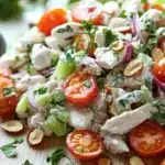 High protein chicken salad with greek yogurt - the image is a close-up of a colorful salad on a wooden cutting board. the salad is made up of various ingredients, including diced tomatoes, sliced red onions, green celery, and chopped almonds. the tomatoes are bright red and appear to be ripe and juicy. the onions are sliced into thin strips and are scattered throughout the salad. there are also some chopped cilantro and pine nuts scattered throughout. the background is blurred, but it appears to be a kitchen countertop with more fresh herbs and spices.