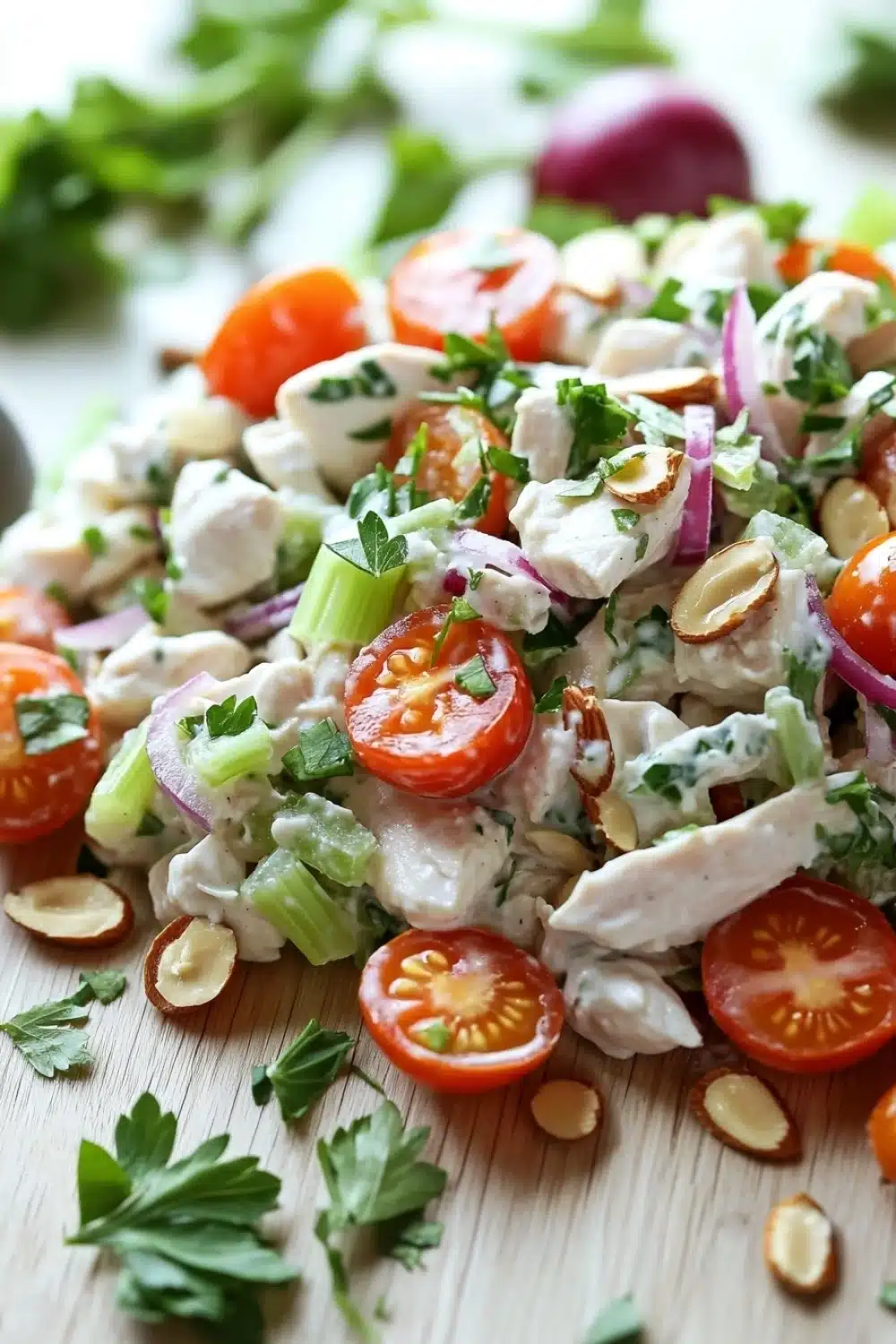 High protein chicken salad with greek yogurt - the image is a close-up of a colorful salad on a wooden cutting board. the salad is made up of various ingredients, including diced tomatoes, sliced red onions, green celery, and chopped almonds. the tomatoes are bright red and appear to be ripe and juicy. the onions are sliced into thin strips and are scattered throughout the salad. there are also some chopped cilantro and pine nuts scattered throughout. the background is blurred, but it appears to be a kitchen countertop with more fresh herbs and spices.
