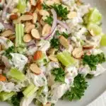 High protein chicken salad with greek yogurt - the image is a close-up of a plate of salad. the salad appears to be made with chicken, celery, red onion, and almonds. the chicken is white and fluffy, and the celery is cut into small pieces. the almonds are scattered throughout the salad, adding a crunchy texture and nutty flavor. the celery and onions are bright green and look fresh and vibrant. the plate is white, and it is sitting on a white wooden table.