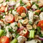 High protein chicken salad with greek yogurt - the image is a close-up of a salad on a wooden cutting board. the salad is made up of various ingredients, including sliced tomatoes, sliced red onions, sliced almonds, and green celery. the ingredients are arranged in a colorful and appetizing manner, with some overlapping each other. the chicken appears to be seasoned with herbs and spices, and there is a dollop of dressing on top. a silver spoon is resting on the cutting board next to the salad. the background is blurred, but it seems to be a kitchen countertop.