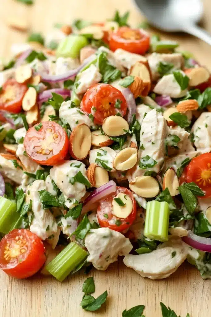 High protein chicken salad with greek yogurt - the image is a close-up of a salad on a wooden cutting board. the salad is made up of various ingredients, including sliced tomatoes, sliced red onions, sliced almonds, and green celery. the ingredients are arranged in a colorful and appetizing manner, with some overlapping each other. the chicken appears to be seasoned with herbs and spices, and there is a dollop of dressing on top. a silver spoon is resting on the cutting board next to the salad. the background is blurred, but it seems to be a kitchen countertop.