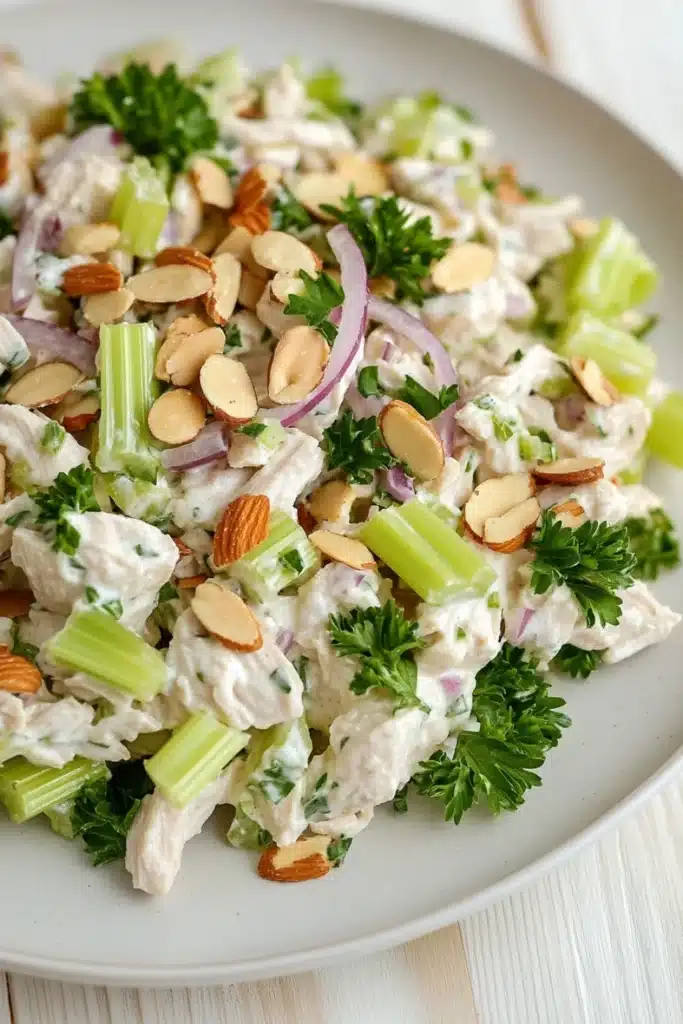 High protein chicken salad with greek yogurt - the image is a close-up of a plate of salad. the salad appears to be made with chicken, celery, red onion, and almonds. the chicken is white and fluffy, and the celery is cut into small pieces. the almonds are scattered throughout the salad, adding a crunchy texture and nutty flavor. the celery and onions are bright green and look fresh and vibrant. the plate is white, and it is sitting on a white wooden table.