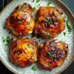 Honey chicken thigh air fryer - the image shows a plate of four pieces of grilled chicken thighs on a wooden table. the chicken thighs are golden brown and appear to be seasoned with herbs and spices. the plate is white with a speckled pattern and is garnished with chopped green herbs. the background is dark and the overall color scheme of the image is warm and inviting.