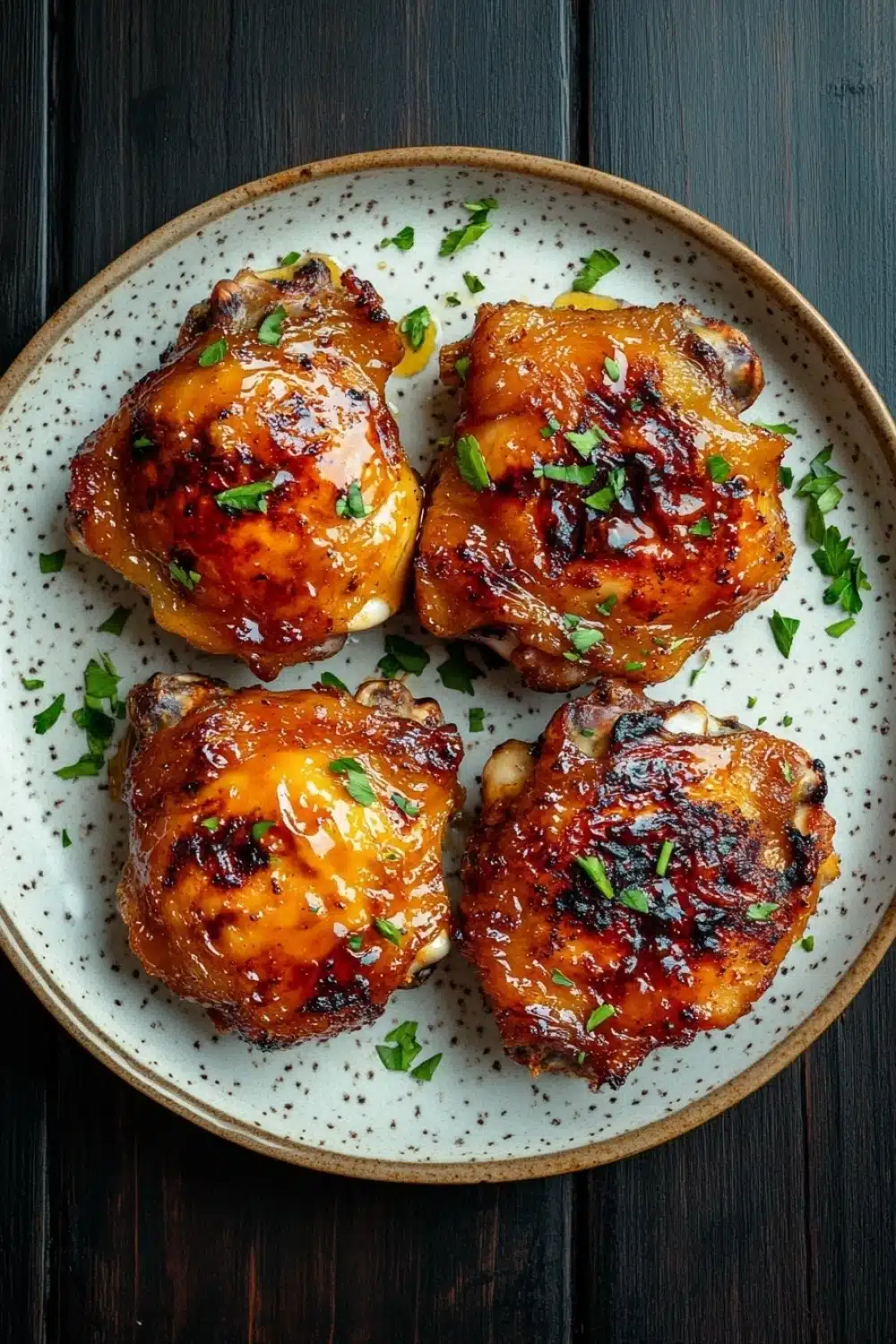 Honey chicken thigh air fryer - the image shows a plate of four pieces of grilled chicken thighs on a wooden table. the chicken thighs are golden brown and appear to be seasoned with herbs and spices. the plate is white with a speckled pattern and is garnished with chopped green herbs. the background is dark and the overall color scheme of the image is warm and inviting.