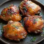 Honey chicken thigh air fryer - the image shows four pieces of grilled chicken drumsticks on a dark brown plate. the drumsticks are golden brown and appear to be seasoned with herbs and spices. the plate is garnished with chopped parsley, adding a pop of green color to the dish. the background is blurred, but it appears to be a wooden table.