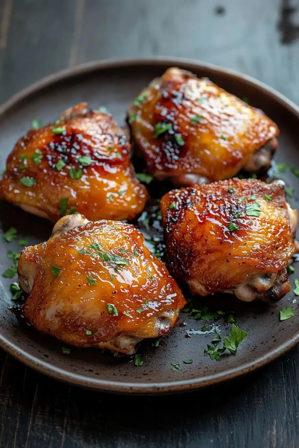 Honey chicken thigh air fryer - the image shows four pieces of grilled chicken drumsticks on a dark brown plate. the drumsticks are golden brown and appear to be seasoned with herbs and spices. the plate is garnished with chopped parsley, adding a pop of green color to the dish. the background is blurred, but it appears to be a wooden table.