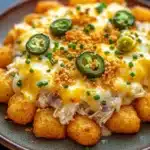 Jalapeno popper tater tot chicken casserole - the image shows a plate of food, specifically a casserole dish. the dish appears to be made with chicken, cheese, and jalapeno peppers. the chicken is cooked to a golden brown color and is covered in melted cheese. the cheese is melted and bubbly, and there are small pieces of green onions scattered throughout the dish. on top of the chicken, there is a sprinkle of breadcrumbs. the plate is brown and has a dark brown rim. the background is blurred, but it seems to be a kitchen countertop with a few green onions and a white napkin.