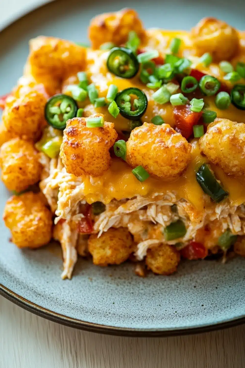 Jalapeno popper tater tot chicken casserole - the image is a close-up of a plate of food. the plate is blue and has a speckled pattern. on top of the plate, there is a serving of shredded chicken with a layer of melted cheese on top. the chicken is golden brown and appears to be seasoned with herbs and spices. there are also small pieces of green jalapeno peppers scattered throughout the dish. the dish looks appetizing and ready to eat.