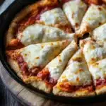 Keto pizza crust in cast iron pan - the image shows a freshly baked pizza in a black cast iron skillet on a wooden cutting board. the pizza has a golden brown crust and is topped with melted cheese and tomato sauce. the cheese is golden brown and appears to be melted and bubbly. the cutting board is placed on a dark wooden table with a white cloth napkin in the background. the overall mood of the image is rustic and homey.