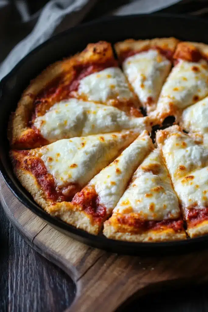 Keto pizza crust in cast iron pan - the image shows a freshly baked pizza in a black cast iron skillet on a wooden cutting board. the pizza has a golden brown crust and is topped with melted cheese and tomato sauce. the cheese is golden brown and appears to be melted and bubbly. the cutting board is placed on a dark wooden table with a white cloth napkin in the background. the overall mood of the image is rustic and homey.