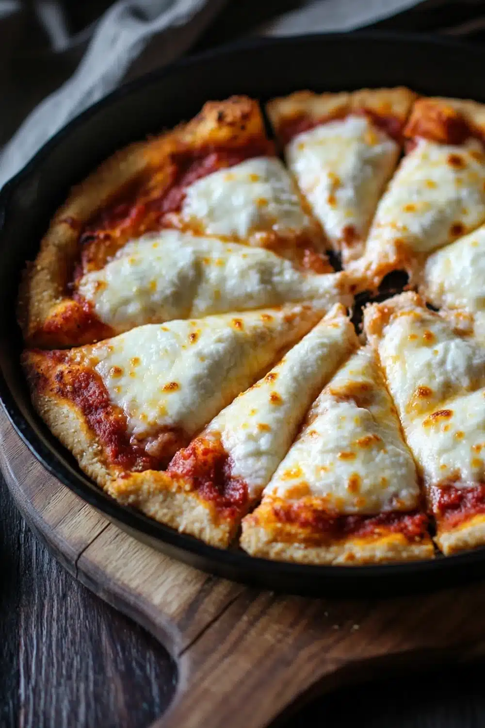 Keto pizza crust in cast iron pan - the image shows a freshly baked pizza in a black cast iron skillet on a wooden cutting board. the pizza has a golden brown crust and is topped with melted cheese and tomato sauce. the cheese is golden brown and appears to be melted and bubbly. the cutting board is placed on a dark wooden table with a white cloth napkin in the background. the overall mood of the image is rustic and homey.