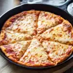 Keto pizza crust in cast iron pan - the image shows a freshly baked pizza in a black cast iron skillet. the pizza has a golden brown crust and is topped with melted cheese and red sauce. the skillet is sitting on a wooden cutting board with a white cloth napkin next to it. the background is blurred, but it appears to be a kitchen countertop.