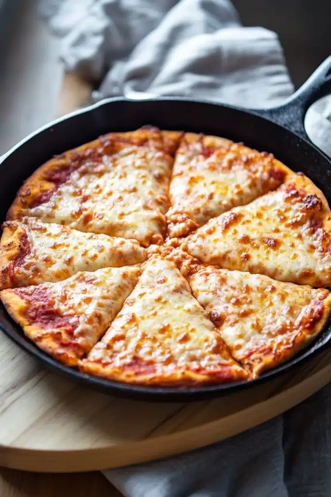 Keto pizza crust in cast iron pan - the image shows a freshly baked pizza in a black cast iron skillet. the pizza has a golden brown crust and is topped with melted cheese and red sauce. the skillet is sitting on a wooden cutting board with a white cloth napkin next to it. the background is blurred, but it appears to be a kitchen countertop.