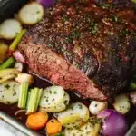 Keto slow cooker roast beef - the image shows a large piece of cooked beef tenderloin on a baking tray. the beef is cooked to a medium-rare and has a dark brown crust on top. it is garnished with chopped herbs and spices. the tray is filled with various vegetables, including carrots, celery, onions, and potatoes. the vegetables are arranged in a colorful and appetizing manner, with some overlapping each other. the background is a white marble countertop.