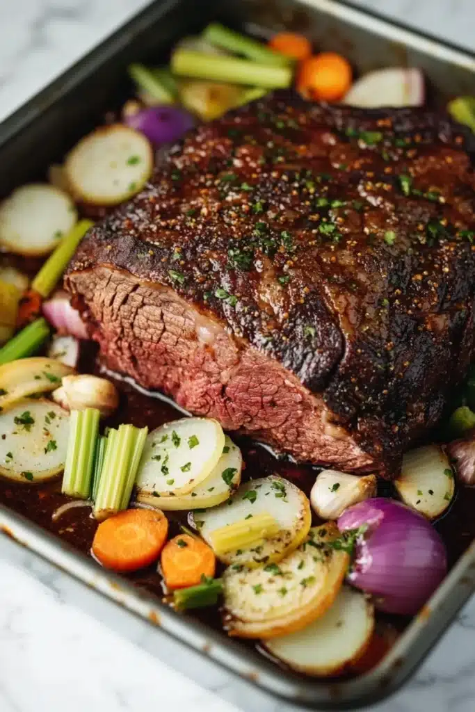 Keto slow cooker roast beef - the image shows a large piece of cooked beef tenderloin on a baking tray. the beef is cooked to a medium-rare and has a dark brown crust on top. it is garnished with chopped herbs and spices. the tray is filled with various vegetables, including carrots, celery, onions, and potatoes. the vegetables are arranged in a colorful and appetizing manner, with some overlapping each other. the background is a white marble countertop.