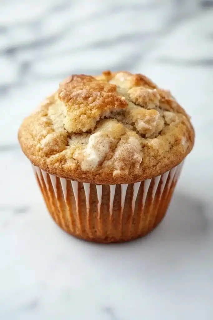 Kodiak muffin mix with yogurt - the image is of a freshly baked muffin on a white marble surface. the muffin is golden brown in color and has a crumbly texture on top. it appears to be a muffin with a soft, fluffy interior. the edges of the muffin are lined with white paper liners. the background is blurred, making the muffins the focal point of the image.