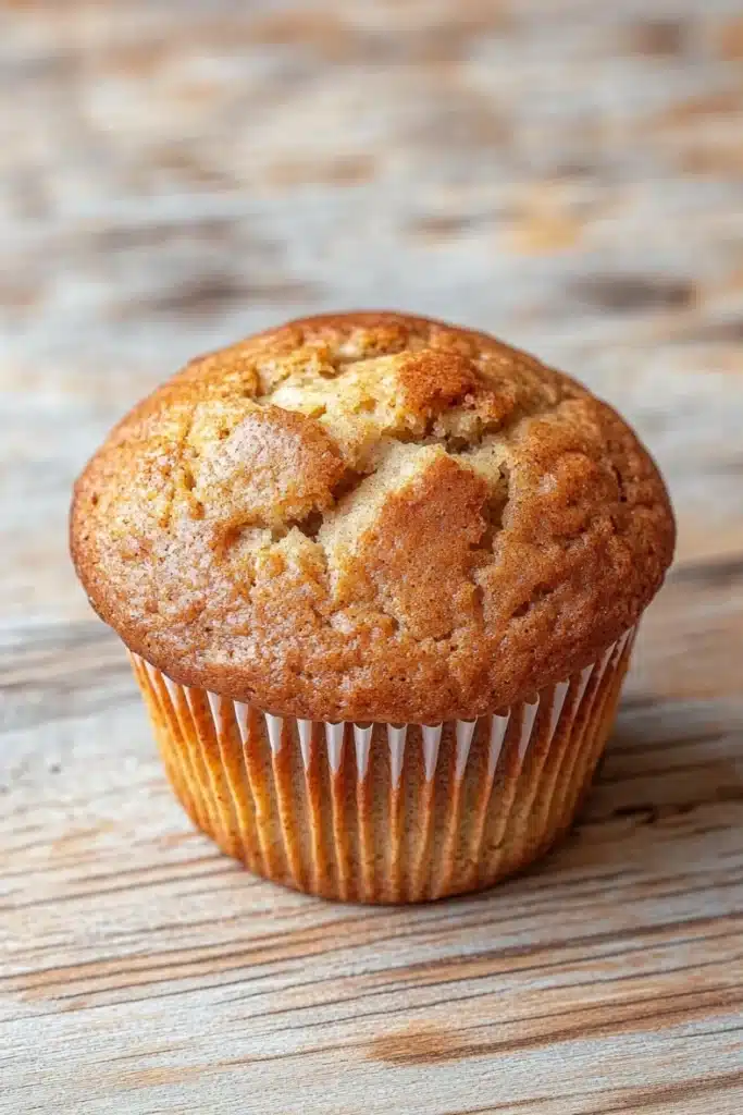 Kodiak muffin mix with yogurt - the image is a close-up of a freshly baked muffin on a wooden surface. the muffin is golden brown in color and has a crumbly texture. it appears to be freshly baked and is sitting on a white paper liner. the background is blurred, but it seems to be a rustic wooden table. the overall mood of the image is warm and inviting.