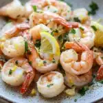 Lemon butter shrimp skillet - the image shows a plate of cooked shrimp on a wooden table. the shrimp are orange in color and appear to be seasoned with herbs and spices. they are arranged in a circular pattern on the plate, with some of them overlapping each other. there are also slices of lemon wedges scattered throughout the dish. the plate is white with a speckled pattern, and there is a white napkin on the side. the background is blurred, but it appears to be a kitchen countertop.