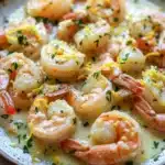 Lemon butter shrimp skillet - the image shows a plate of cooked shrimp in a creamy sauce. the shrimp are pink and appear to be seasoned with herbs and spices. the sauce is a light yellow color and is drizzled over the shrimp. the plate is brown and has a speckled pattern around the edges. the background is blurred, but it appears to be a white tablecloth.