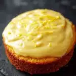 Lemon cake lemon pudding - the image is a close-up of a round cake on a black slate plate. the cake appears to be freshly baked and has a golden brown crust. on top of the cake, there is a generous layer of yellow frosting that is spread evenly across the top. the frosting has small yellow specks of lemon zest scattered throughout, adding a pop of color to the cake. the background is blurred, making the cake the focal point of the image.