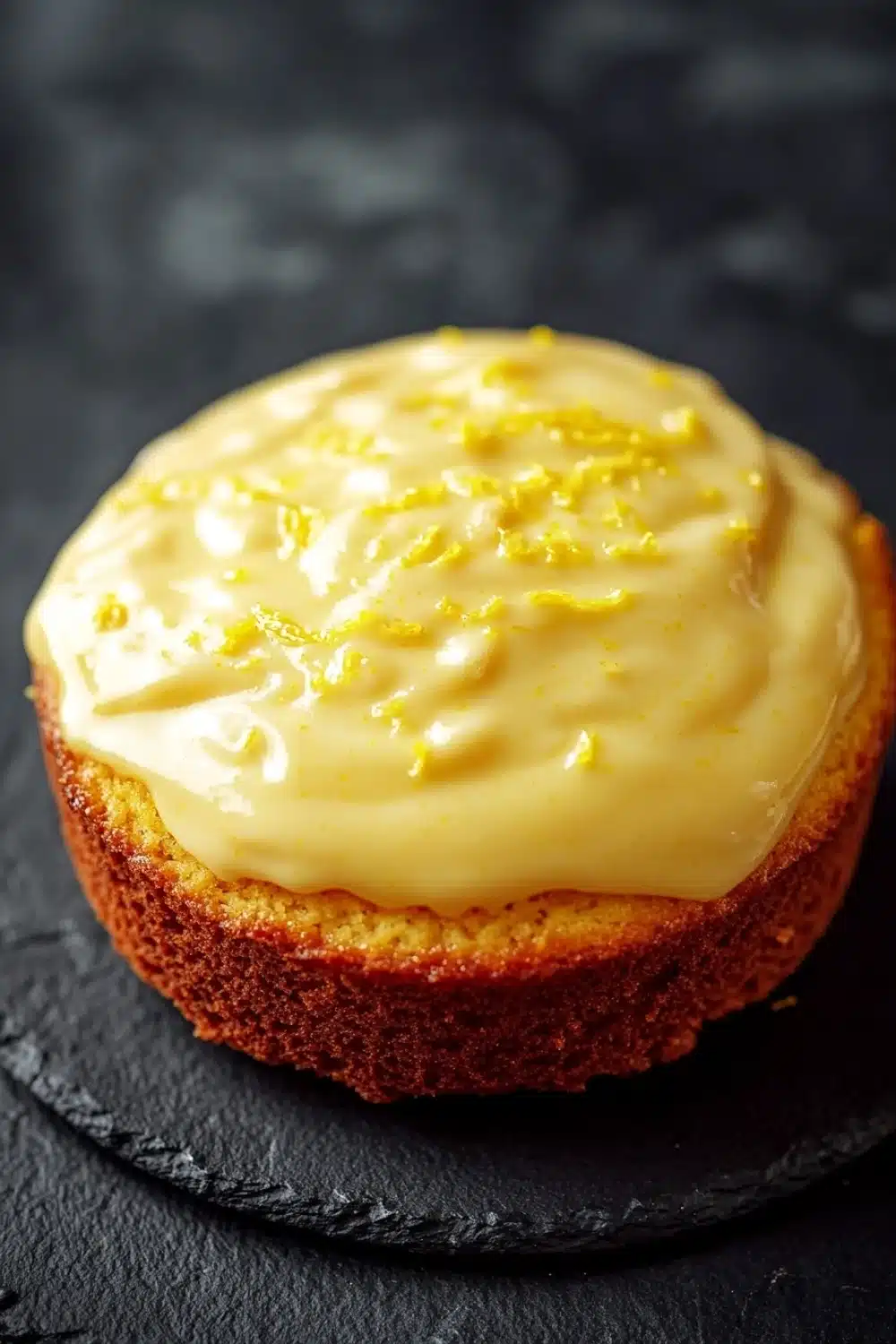 Lemon cake lemon pudding - the image is a close-up of a round cake on a black slate plate. the cake appears to be freshly baked and has a golden brown crust. on top of the cake, there is a generous layer of yellow frosting that is spread evenly across the top. the frosting has small yellow specks of lemon zest scattered throughout, adding a pop of color to the cake. the background is blurred, making the cake the focal point of the image.
