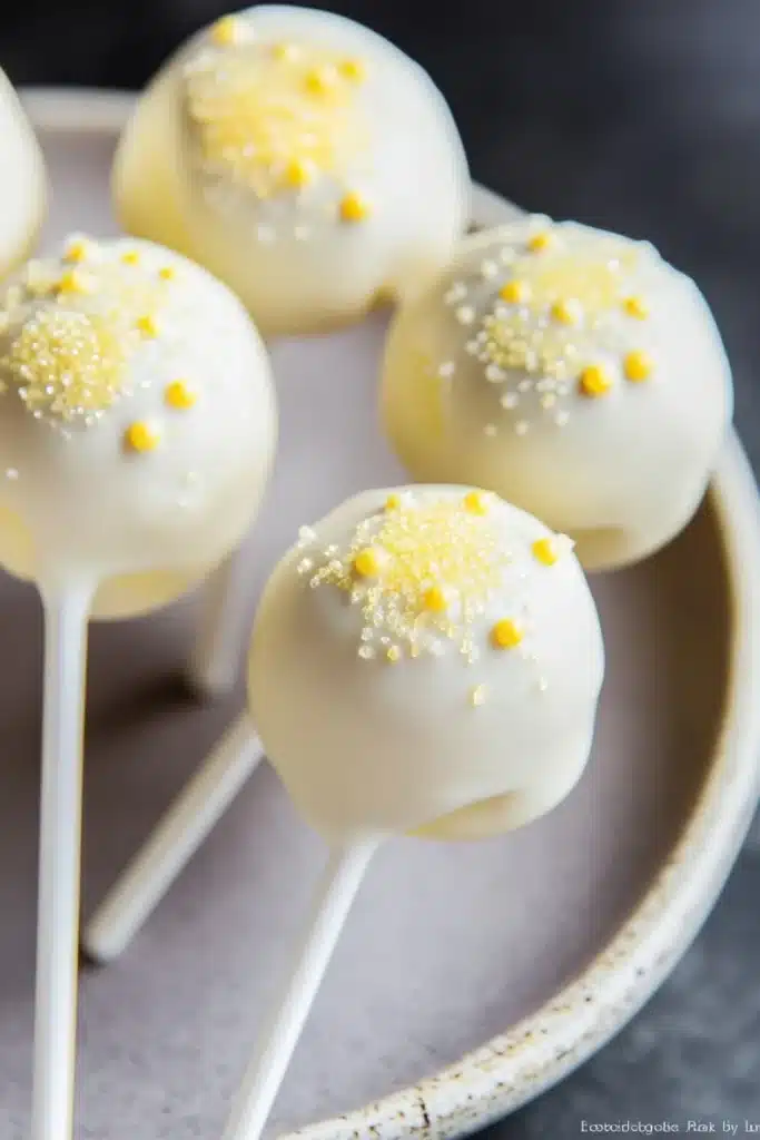Lemon cake pop design - the image shows a plate of cake pops. the cake pops are round and have a white base with small yellow sprinkles on top. they are arranged in a circular pattern on the plate. the plate is white and has a textured surface. the background is dark, making the cake pops stand out.