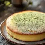 Lemon cake with japanese ingredients - the image is a close-up of a round cake on a wooden table. the cake appears to be a cheesecake with a golden-brown crust and a light dusting of powdered sugar on top. the top of the cake is covered in a generous amount of green powder, which looks like matcha powder. in the background, there is a small potted plant with green leaves, adding a pop of color to the image. the overall mood of the image is rustic and cozy.