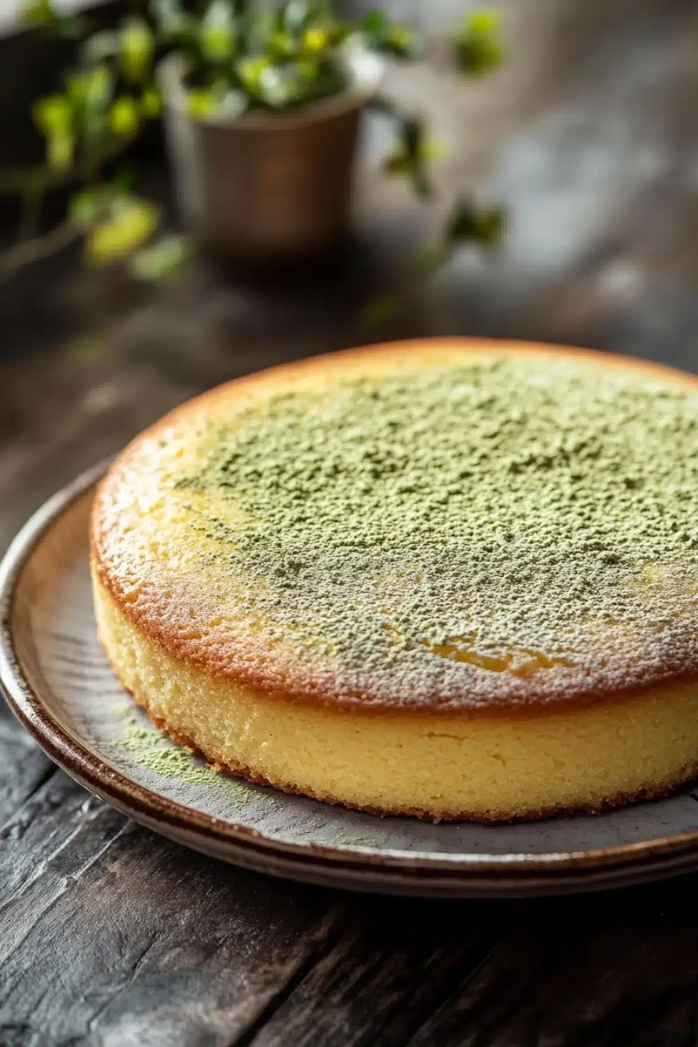 Lemon cake with japanese ingredients - the image is a close-up of a round cake on a wooden table. the cake appears to be a cheesecake with a golden-brown crust and a light dusting of powdered sugar on top. the top of the cake is covered in a generous amount of green powder, which looks like matcha powder. in the background, there is a small potted plant with green leaves, adding a pop of color to the image. the overall mood of the image is rustic and cozy.
