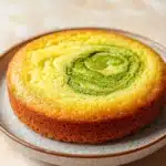 Lemon cake with japanese ingredients - the image is a close-up of a round cake on a white plate with a brown rim. the cake appears to be freshly baked and has a golden-brown crust. on top of the cake, there is a swirl of green pesto sauce, which is spread evenly across the top. the sauce is a vibrant green color and looks like it has been freshly made. the plate is sitting on a light-colored tablecloth.
