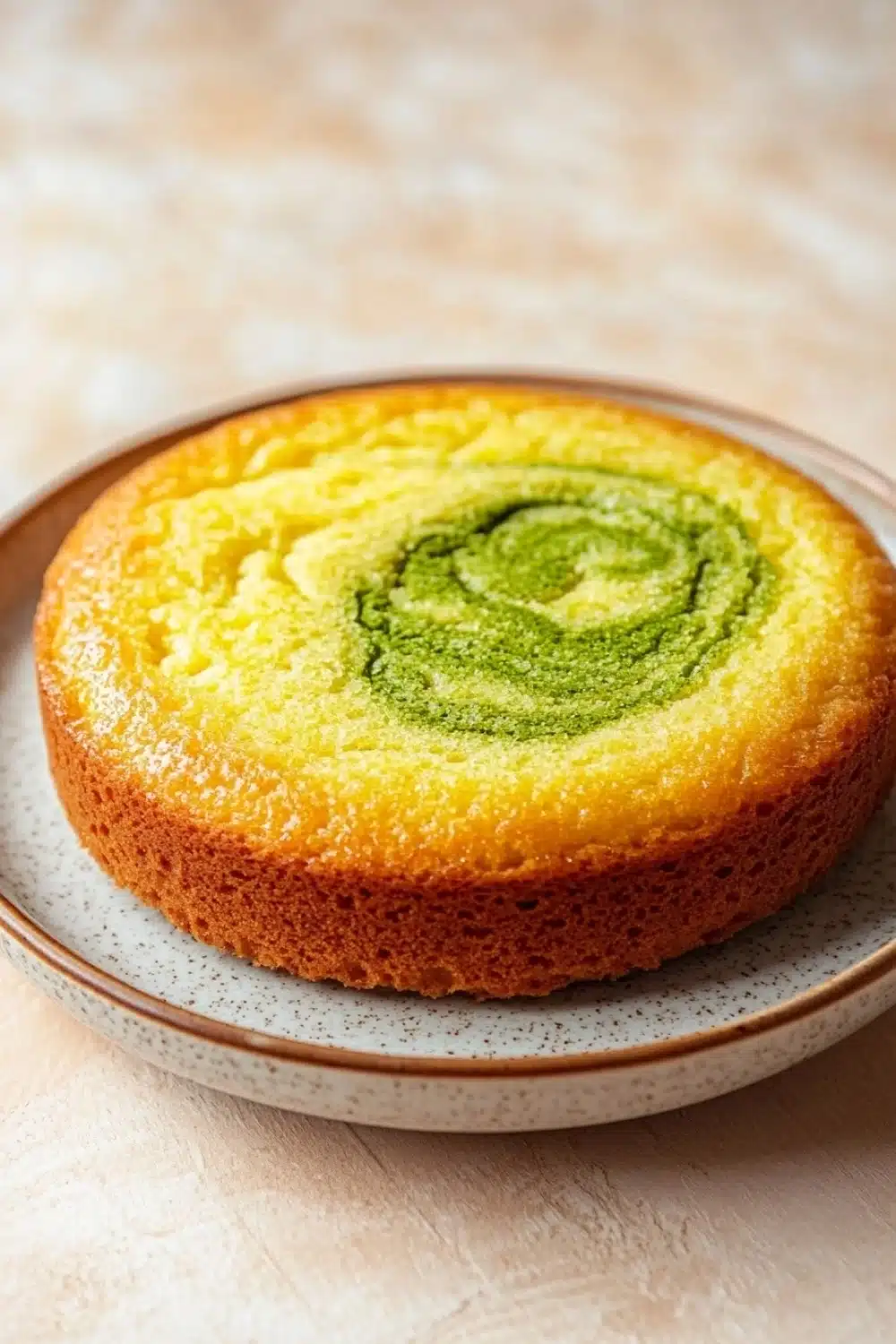 Lemon cake with japanese ingredients - the image is a close-up of a round cake on a white plate with a brown rim. the cake appears to be freshly baked and has a golden-brown crust. on top of the cake, there is a swirl of green pesto sauce, which is spread evenly across the top. the sauce is a vibrant green color and looks like it has been freshly made. the plate is sitting on a light-colored tablecloth.