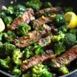 Lemon garlic butter steak and broccoli skillet - the image shows a black frying pan with cooked steak and broccoli in it. the steak appears to be medium-rare and has a pinkish-brown color. the broccoli is bright green and looks fresh and healthy. there are two lemon wedges on either side of the steak, adding a pop of yellow color to the dish. the pan is sitting on a black countertop with a few sprigs of parsley scattered around. the background is blurred, but it seems to be a kitchen countertop.
