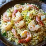 Lemon garlic shrimp orzo skillet - the image shows a plate of pasta dish with shrimp and lemon zest. the dish is served in a brown bowl with a wooden table in the background. the pasta appears to be fusilli, which is a type of spiral-shaped pasta, and is garnished with fresh herbs and lemon wedges. the shrimp are cooked medium-sized and are arranged in a pile on top of the pasta. there is a slice of lemon on the side of the bowl and a few sprigs of parsley scattered around the plate. the overall color scheme of the dish is warm and inviting, with shades of orange, yellow, and green.
