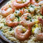 Lemon garlic shrimp orzo skillet - the image shows a plate of pasta dish with shrimp and lemon zest. the dish is served in a brown ceramic plate with a wooden table in the background. the pasta appears to be fusilli, which is a type of pasta, and is mixed with shrimp, lemon, and herbs. the shrimp are cooked medium-sized and are arranged in a circular pattern on top of the pasta. the herbs are scattered throughout the dish, adding a pop of green color to the dish. the plate is garnished with a sprig of parsley.