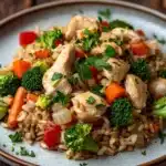 Low calorie chicken and rice dinner - the image is a close-up of a plate of food. the plate is white with a blue rim and is placed on a wooden table. the food appears to be a stir-fry dish with rice, chicken, broccoli, carrots, and red bell peppers. the rice is brown and fluffy, and the chicken is cooked to a golden brown color. the broccoli is bright green and the carrots are bright orange. there are also some chopped parsley scattered throughout the dish. the dish looks fresh and appetizing.