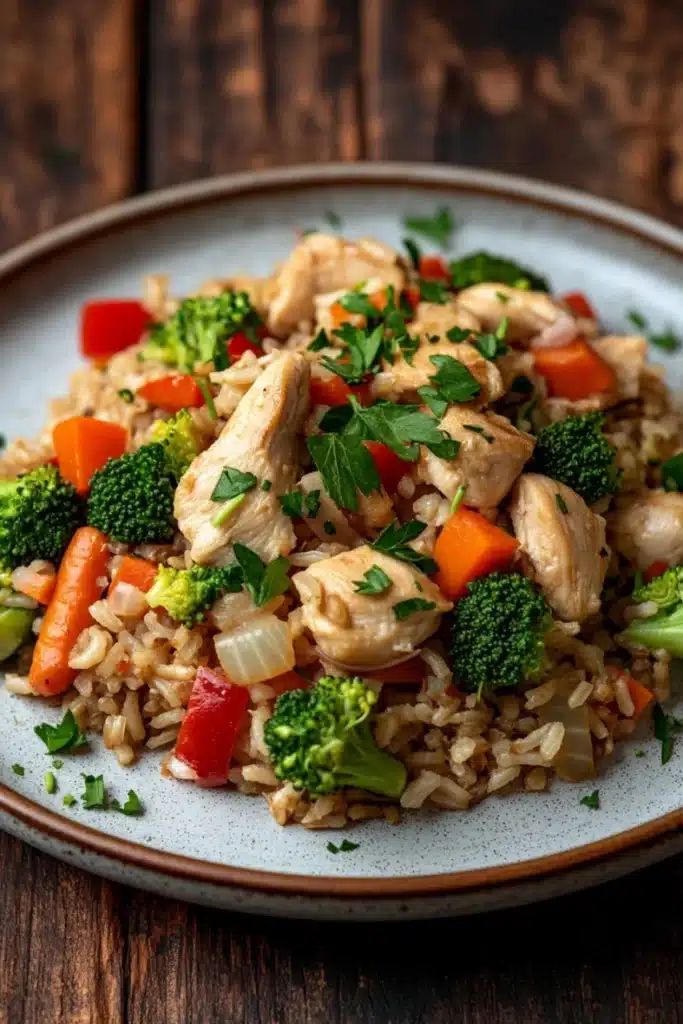 Low calorie chicken and rice dinner - the image is a close-up of a plate of food. the plate is white with a blue rim and is placed on a wooden table. the food appears to be a stir-fry dish with rice, chicken, broccoli, carrots, and red bell peppers. the rice is brown and fluffy, and the chicken is cooked to a golden brown color. the broccoli is bright green and the carrots are bright orange. there are also some chopped parsley scattered throughout the dish. the dish looks fresh and appetizing.