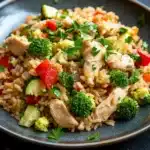 Low calorie chicken and rice dinner - the image is a close-up of a plate of food. the plate is round and has a dark blue rim. the food appears to be a stir-fry dish with rice, chicken, broccoli, red bell peppers, and zucchini. the rice is light brown and fluffy, and the chicken is cooked to a golden brown color. the broccoli is bright green and the bell peppers are bright red. the zucchinis are sliced and arranged in a pile on top of the rice. there are also some chopped parsley scattered throughout the dish. the background is a dark grey countertop with a few sprigs of parsley on the side.