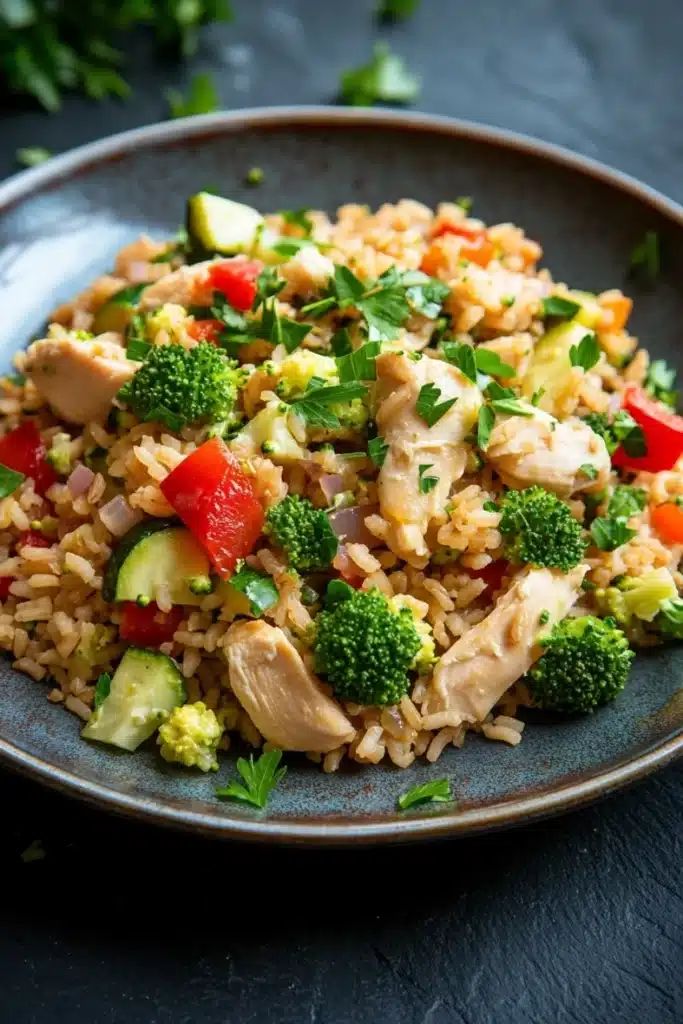 Low calorie chicken and rice dinner - the image is a close-up of a plate of food. the plate is round and has a dark blue rim. the food appears to be a stir-fry dish with rice, chicken, broccoli, red bell peppers, and zucchini. the rice is light brown and fluffy, and the chicken is cooked to a golden brown color. the broccoli is bright green and the bell peppers are bright red. the zucchinis are sliced and arranged in a pile on top of the rice. there are also some chopped parsley scattered throughout the dish. the background is a dark grey countertop with a few sprigs of parsley on the side.
