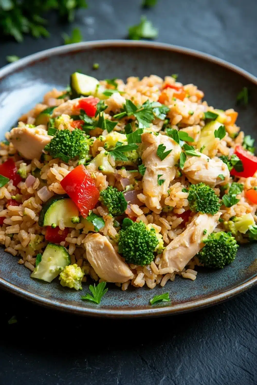 Low calorie chicken and rice dinner - the image is a close-up of a plate of food. the plate is round and has a dark blue rim. the food appears to be a stir-fry dish with rice, chicken, broccoli, red bell peppers, and zucchini. the rice is light brown and fluffy, and the chicken is cooked to a golden brown color. the broccoli is bright green and the bell peppers are bright red. the zucchinis are sliced and arranged in a pile on top of the rice. there are also some chopped parsley scattered throughout the dish. the background is a dark grey countertop with a few sprigs of parsley on the side.