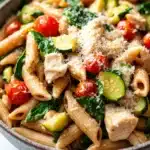 Low calorie chicken pasta - the image is a close-up of a bowl of pasta salad. the pasta appears to be penne, which is a type of penne pasta, and is mixed with various vegetables such as zucchini, cherry tomatoes, and spinach. the salad is garnished with grated parmesan cheese. the bowl is made of ceramic and is sitting on a white countertop. in the background, there is a green leafy vegetable and a small bowl of sauce. the overall color scheme of the dish is warm and inviting.