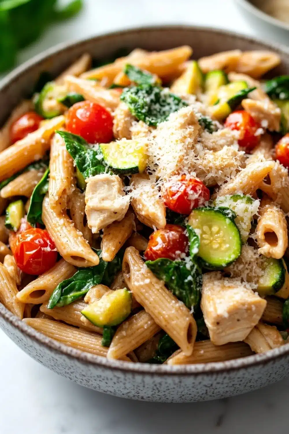 Low calorie chicken pasta - the image is a close-up of a bowl of pasta salad. the pasta appears to be penne, which is a type of penne pasta, and is mixed with various vegetables such as zucchini, cherry tomatoes, and spinach. the salad is garnished with grated parmesan cheese. the bowl is made of ceramic and is sitting on a white countertop. in the background, there is a green leafy vegetable and a small bowl of sauce. the overall color scheme of the dish is warm and inviting.